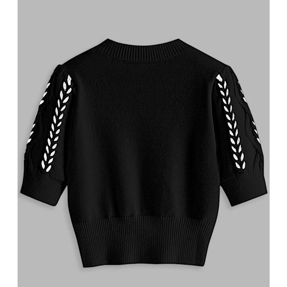 NWT Commense Black & White Puff Sleeve Contrast Binding Cable Knit Top Sz Small - Picture 4 of 10